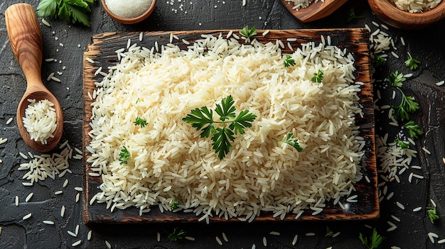 a tray of rice with a spoon and a basket of rice with a spoon and a pair of tongs