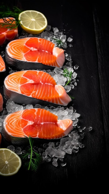 A tray of salmon fillets with ice and lemons