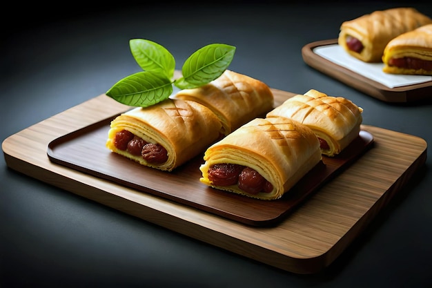 A tray of sausages with a leaf on top