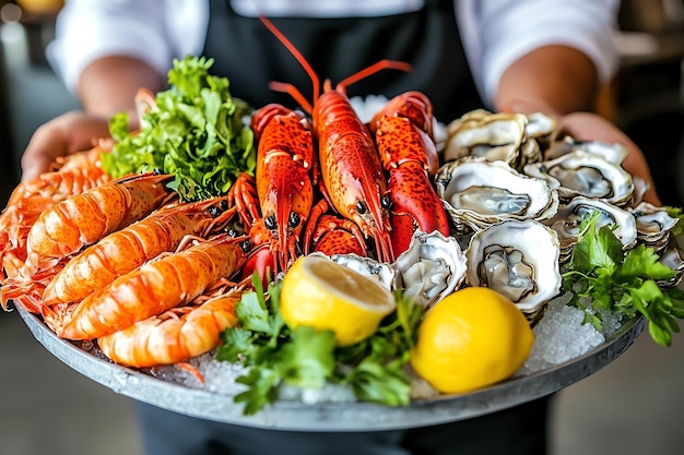 a tray of seafood including lobsters lemons and lemons