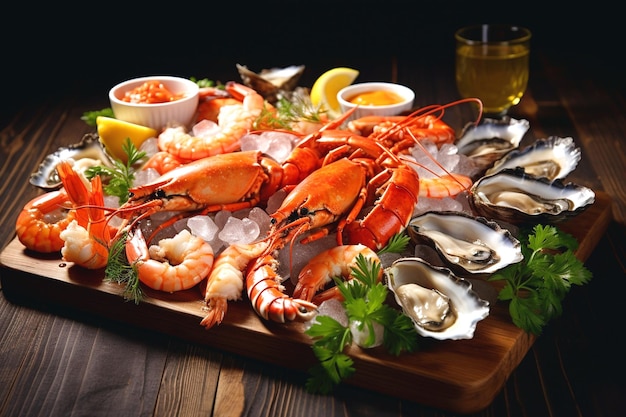 a tray of seafood including lobsters oysters and oysters