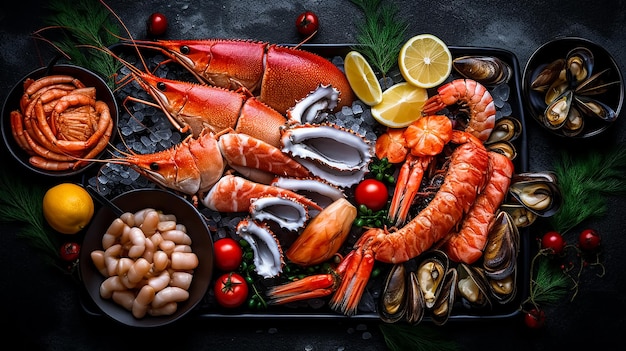 A tray of seafood including seafood and beans