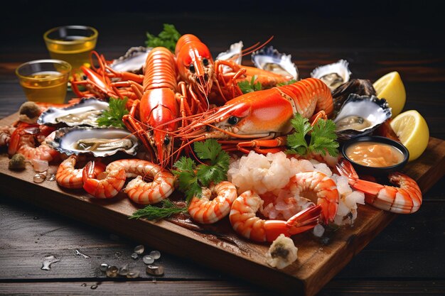 a tray of seafood including shrimp and seafood