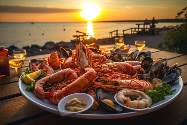 a tray of seafood with lobsters and seafood on a table