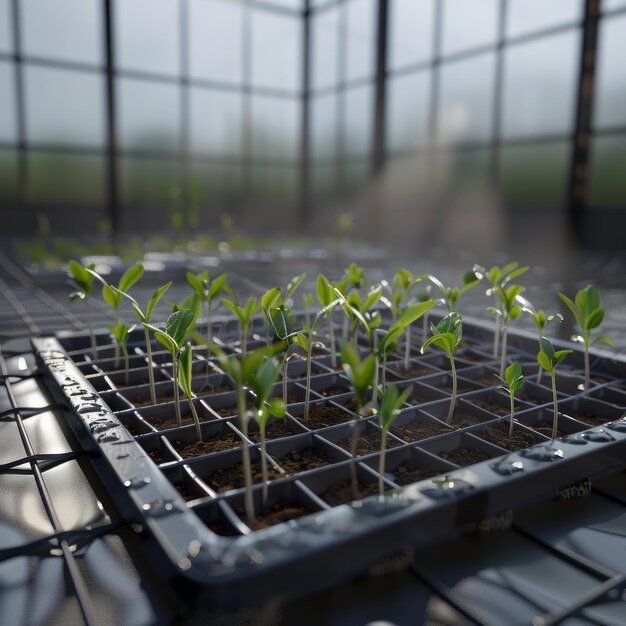 Photo a tray of seedlings is shown in a greenhouse