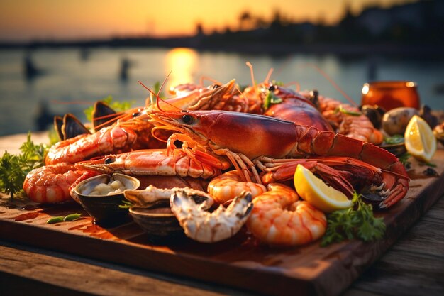 a tray of shrimps and shrimp with a sunset in the background