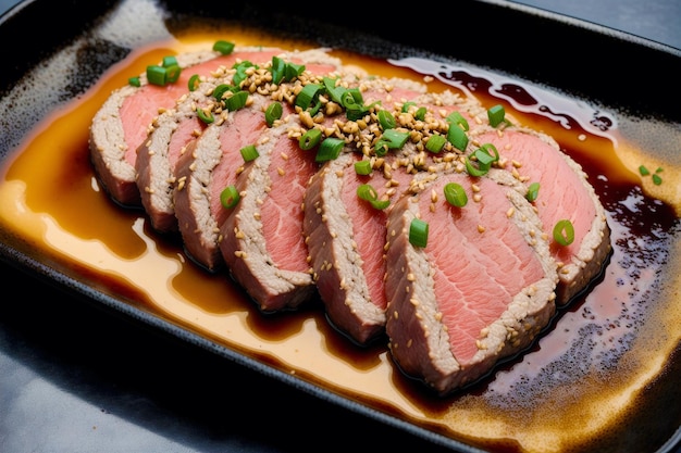 A tray of sliced beef with sesame seeds on top