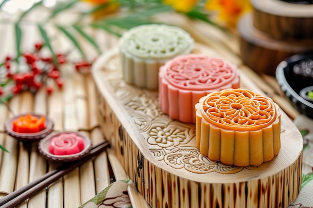 Photo a tray of small teacups with a wooden decoration on the side