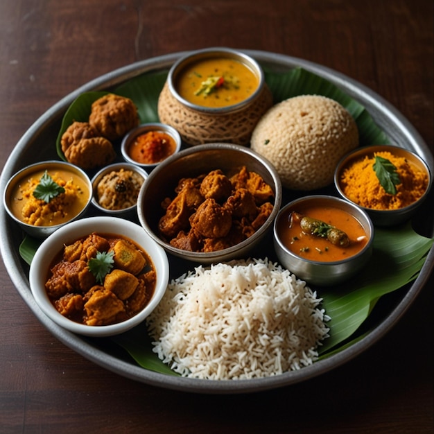 a tray of srilankan food including rice rice and rice