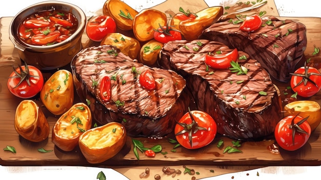 A tray of steaks including tomatoes, tomatoes, and onions.