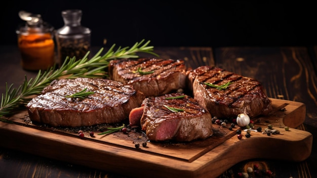 a tray of steaks with spices and herbs on a wooden table