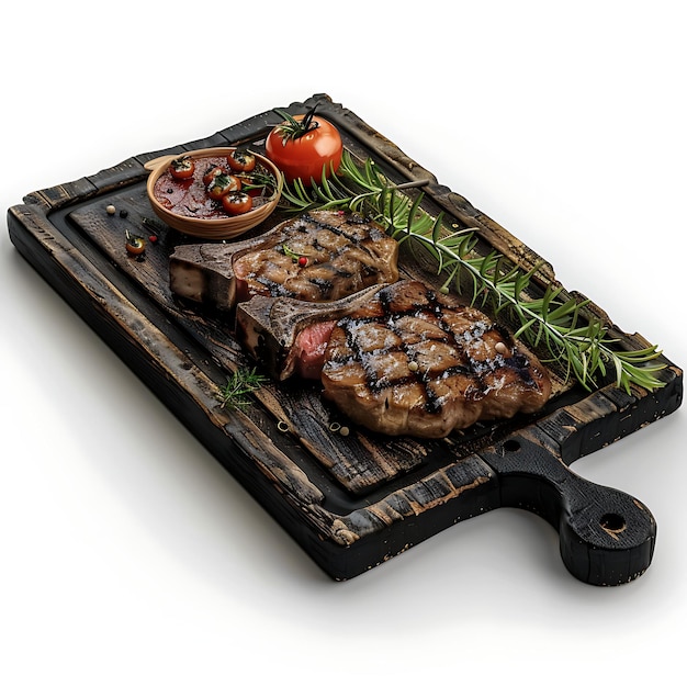 Photo a tray of steaks with a vegetable on it