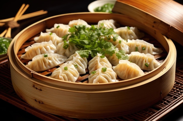 Tray of steamed dumplings in bamboo steamer