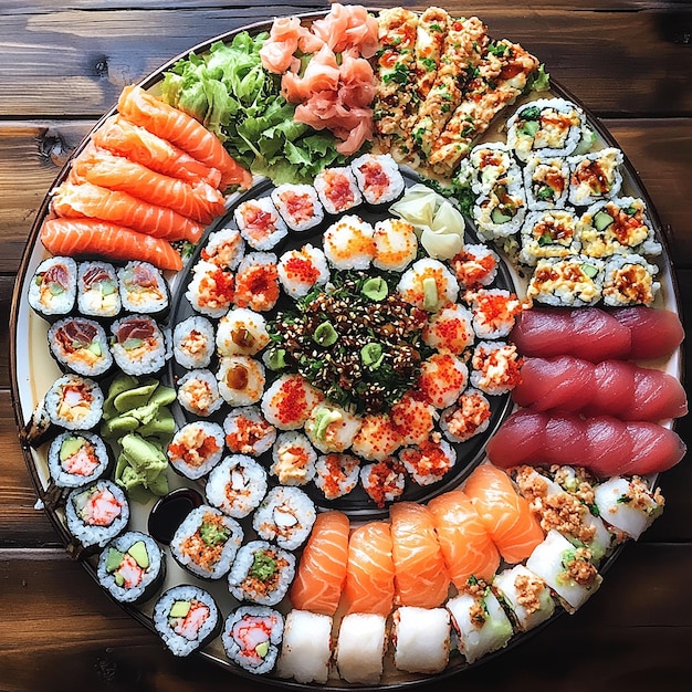 a tray of sushi has many sushi on it