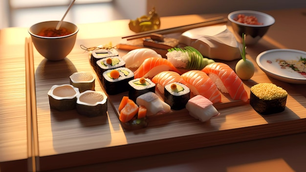 A tray of sushi and sushi with a bowl of rice and a bowl of sauce.