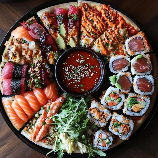 a tray of sushi with a bowl of sushi on it