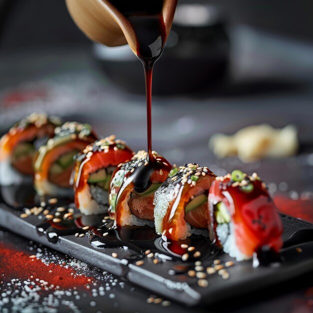 a tray of sushi with a chocolate sauce on it