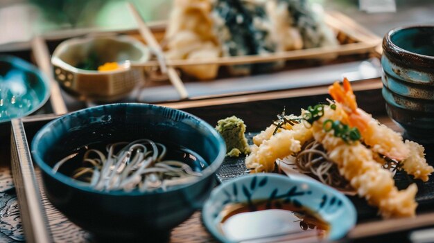 Photo a tray of sushi with chopsticks and chopsticks