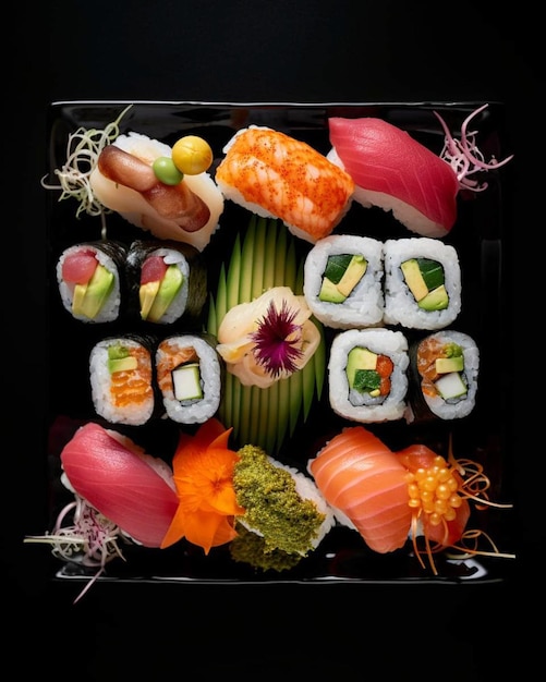 A tray of sushi with a flower on it