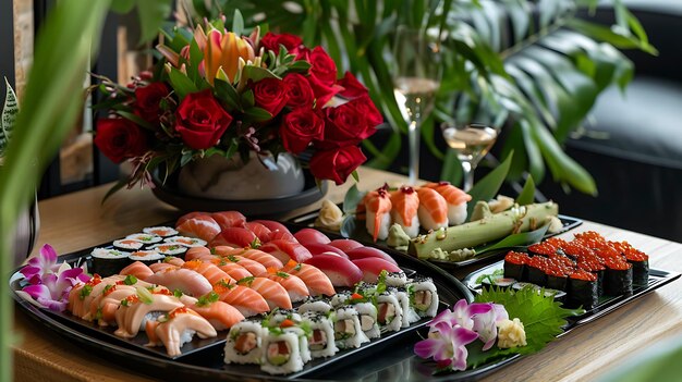 Photo a tray of sushi with flowers and a bottle of wine