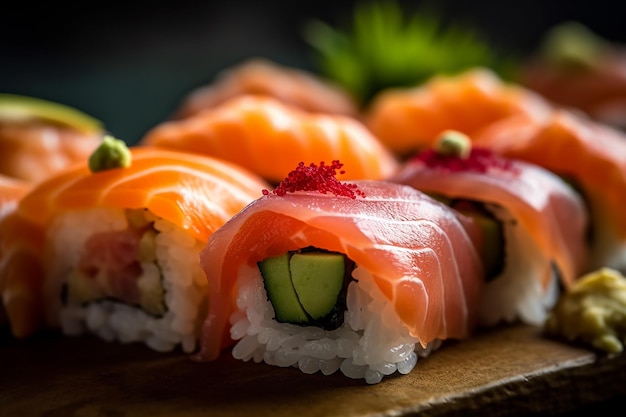 a tray of sushi with a green cucumber on it