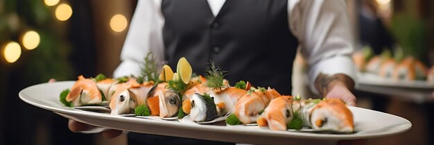 a tray of sushi with a lemon wedge on the top