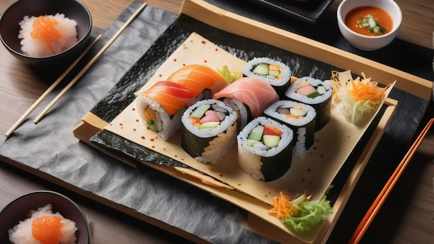 a tray of sushi with one of the pieces missing