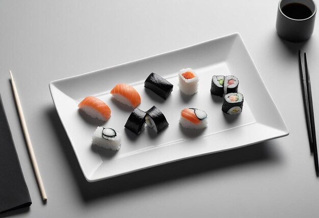 Photo a tray of sushi with one that has sushi on it