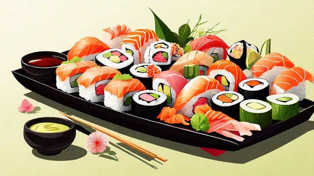 Photo a tray of sushi with a person holding a tray of sushi