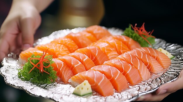 Photo a tray of sushi with a person's hand holding a plate of raw salmon.