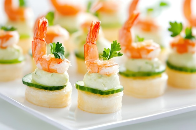 a tray of sushi with shrimp and cucumber on it