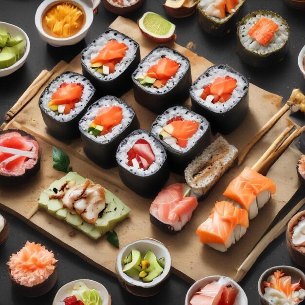 a tray of sushi with sushi on it and some other sushi on it