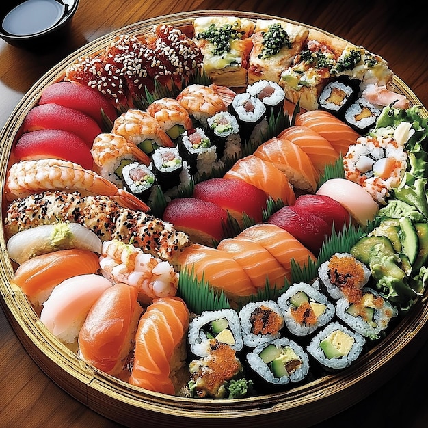 a tray of sushi with sushi and sushi on it