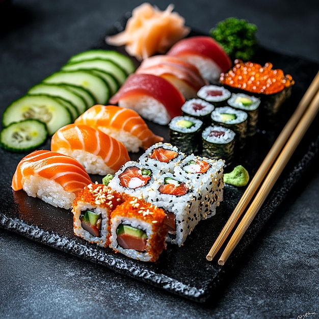 a tray of sushi with sushi and sushi on it