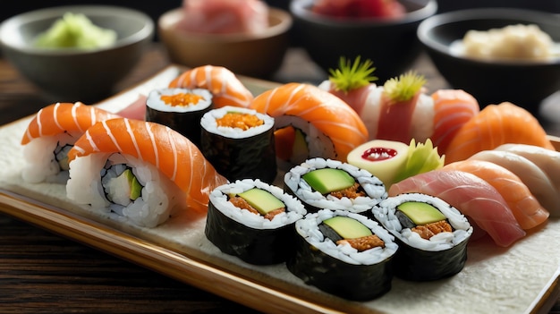 a tray of sushi with sushi and sushi on it