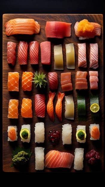 A tray of sushi with a variety of different colors.