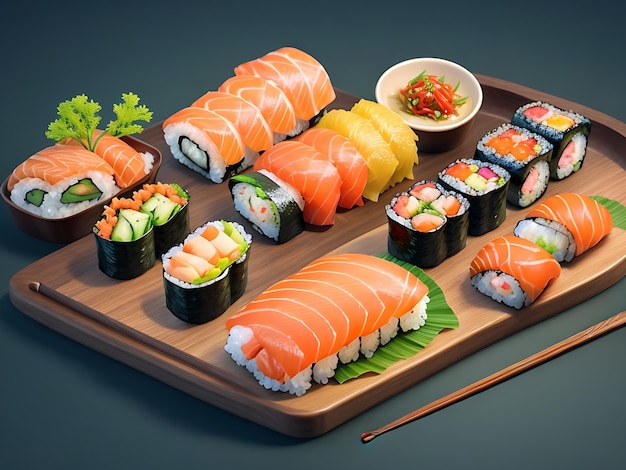 A tray of sushi with a variety of sushi on it illustration of sushi dishes AI GENERATED