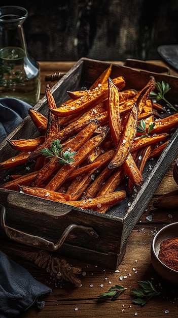 A tray of sweet potato fries with a jar of seasoning on the side.