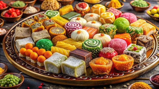 Photo a tray of sweets including candy candy and sweets