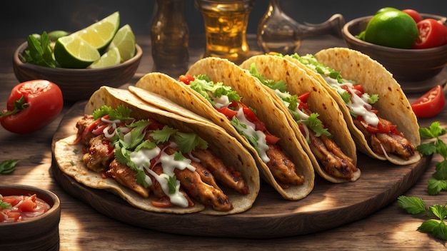 a tray of tacos with a cup of beer and a plate of tacos