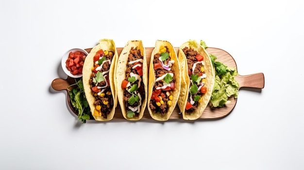 a tray of tacos with a variety of different foods