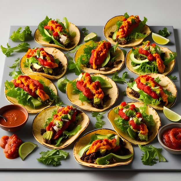 a tray of tacos with a variety of vegetables on it