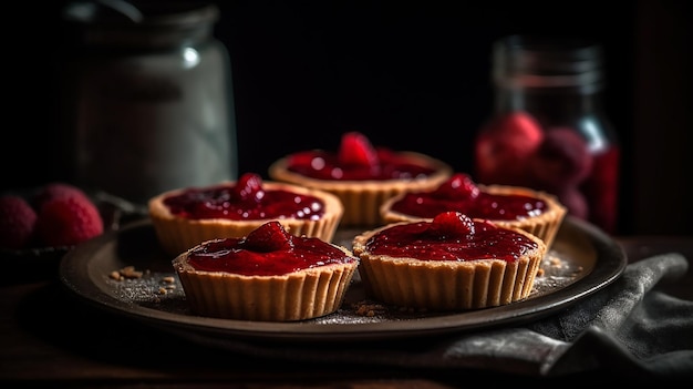 A tray of tarts with raspberries on it