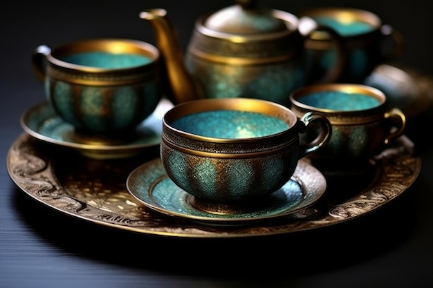 A tray of tea cups and saucers with the word tea on it.