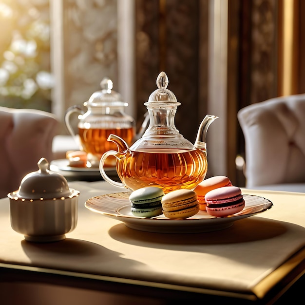 a tray of teas and tea on a table with a tea set on it