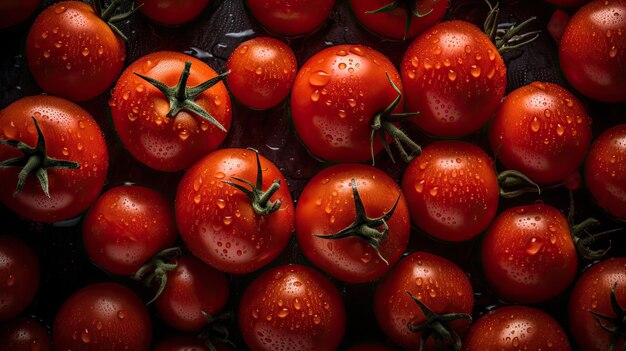 A tray of tomatoes with water droplets on them