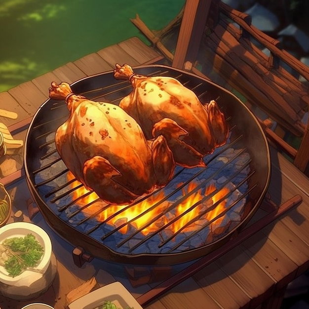 A tray of turkeys cooking on a wooden table.