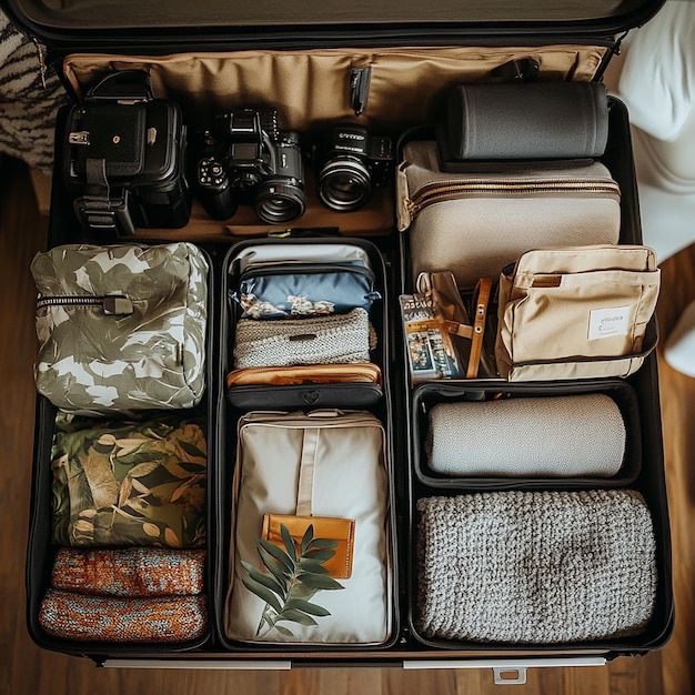 a tray of various items including one that has a camera and a camera in it