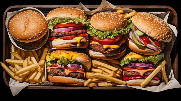 Tray of various loaded burgers with french fries ai generated closeup image