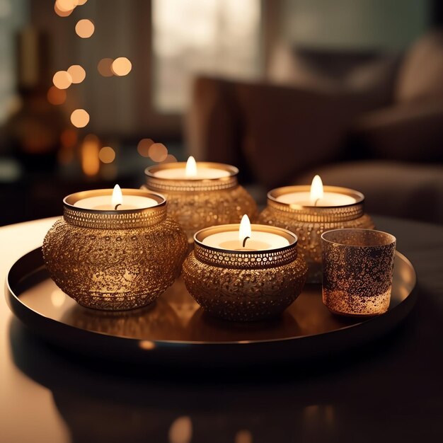 Photo a tray of votive candles with a candle on it